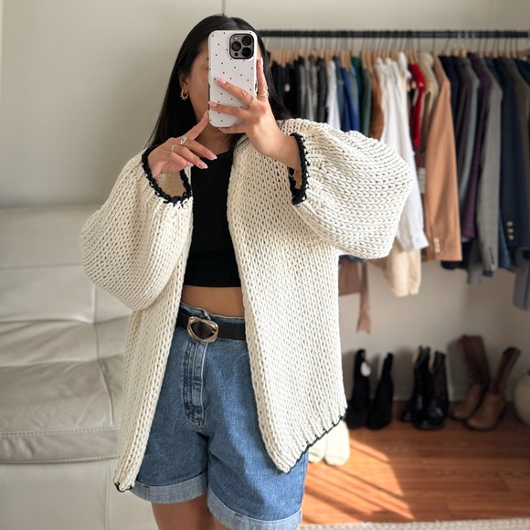 MAI AMI Handmade White & Black Chunky Knit Open Cardigan Sweater - Picture 2 of 9